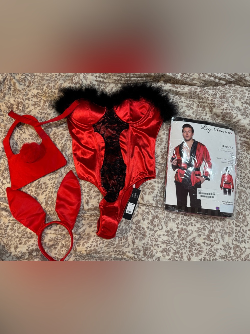 Couples Halloween Costume - Men's Bachelor Robe and Women's Bustier Bunny Pieces